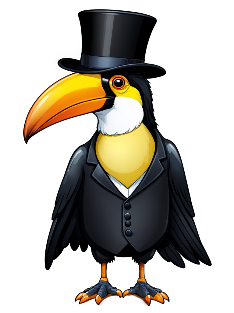 side portrait of sophisticated toucan wearing a suit and a high hat and a monocle, victorian style - icon | sticker