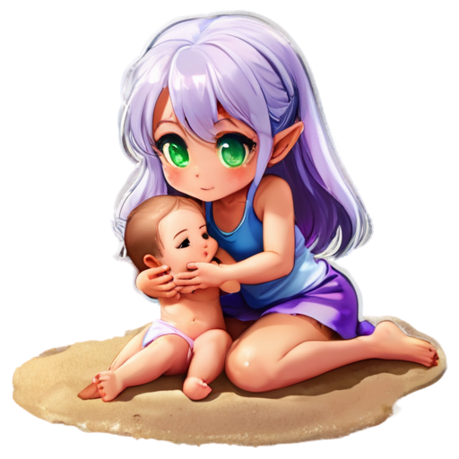 Anime young girl character with light purple, feeding her baby with her salt, white European appearance, almost silver, hair styled in two low ponytails. She has pointed elf-like ears and large, expressive green eyes. teen, tiny, without shoes, on the beach, lying on the sand with her back up, - icon | sticker