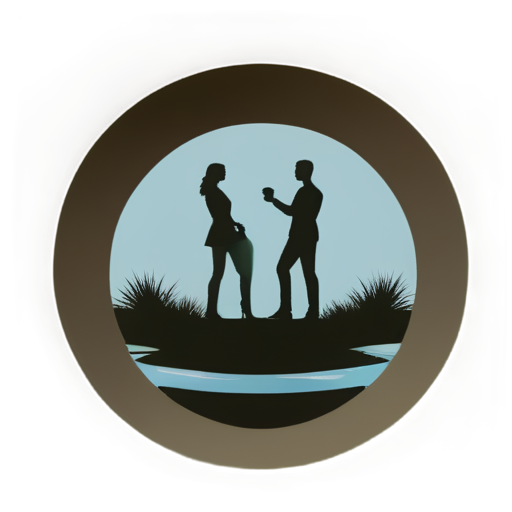 Create a modern logo of a circular silhouette inside must have an oasis with bushes and stylized twin figures - icon | sticker