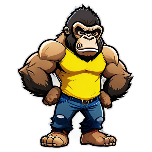 A angry muscular gorilla wearing a yellow t-shirt, with black pants and brown boots - icon | sticker
