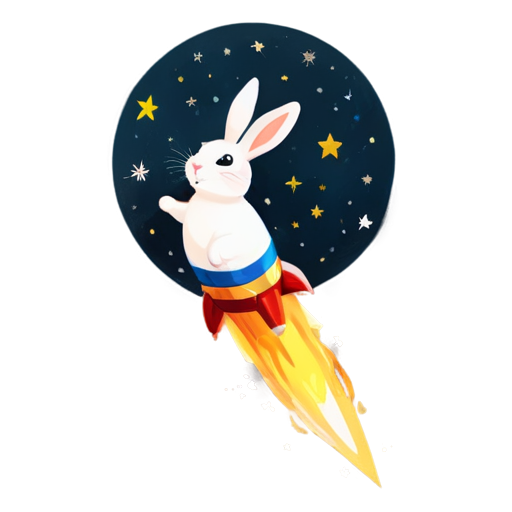 A cute rabbit is riding a rocket, heading towards the moon. The background is the vast starry sky, with stars decorating the black universe like blooming flowers. The rocket is steadily ascending, carrying the rabbit's dreams into the depths of space. The overall style is full of adventure and exploration, with vibrant colors, a sense of childlike wonder, and fantasy. - icon | sticker