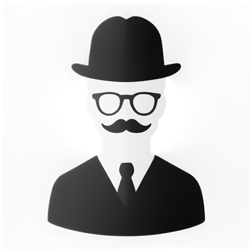 White background, black figures, hat, mustache, black glasses, chemical test tubes on the sides of the figure - icon | sticker