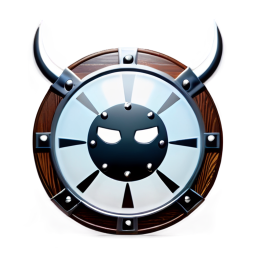 Wooden round Viking shield with metal edging with rivets in the style of drawing position full-face position - icon | sticker
