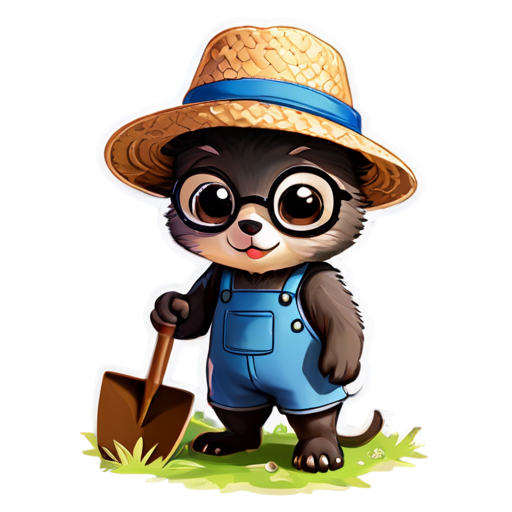 a small mole, in a straw hat and glasses, with a shovel in his paws, digging a hole, a pile of earth, butterflies, birds, grass, a garden wheelbarrow, earth in a wheelbarrow, sunny sky, white clouds - icon | sticker