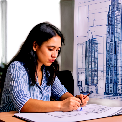 painting of a woman drawing a blueprint as she is working as an architect designing a skyscraper in an office , UHD, 64K - icon | sticker