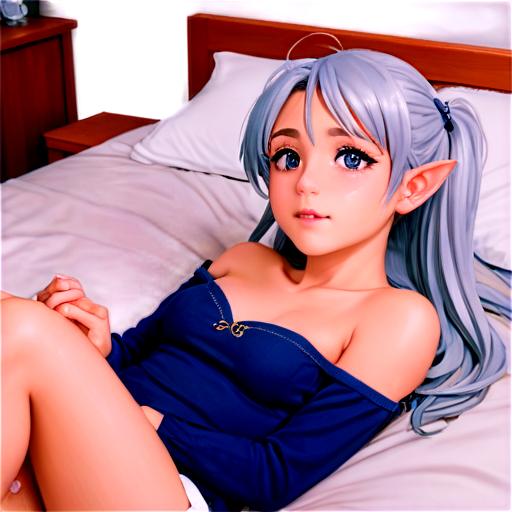 in anime style, day, girl, beautiful, silver-haired, pretty, young, without shoes, on the cosy room, lying on the bad with her back up,feeding with her salt, 2d anime character, white European appearance, young two anime-style characters in a calm and intimate setting. The character in the foreground has long, silver or light purple hair,2 ponytails, pointed elf-like ear. Her eyes are closed, and she appears relaxed. as detailed as possible, wet and dripping in a cozy, dimly lit room. There's a gentle and caring atmosphere between the two characters, - icon | sticker