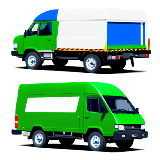 The image shows a white truck with a cubic cargo compartment. This is a small commercial truck that looks like this: The cabin is green with a large windshield Massive black radiator grille . Large headlights and rear-view mirrors. Large wheels with off-road tread. Rectangular green cargo compartment mounted on the chassis The car looks durable and functional, designed for the transportation of goods. There is a large LED panel with a bright image on the side of the van. 2. A truck is driving along a curved road. 3. Markers on the road and arrows indicate flexibility and the ability to adjust the path. 4. The settings symbol (gear) at the top of the icon reflects the ability to customize ads. 5. Using bright colors (blue, yellow, green, red) - icon | sticker