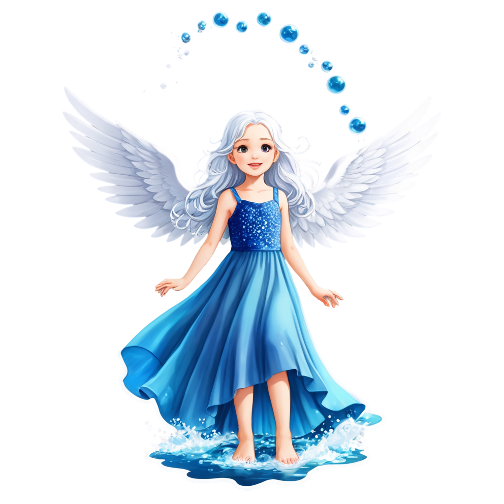 5 years old girl,dynamic angle,realistic,A white-haired girl in a long blue dress stood in the water with angle wings surrounded by waves and bubbles, - icon | sticker