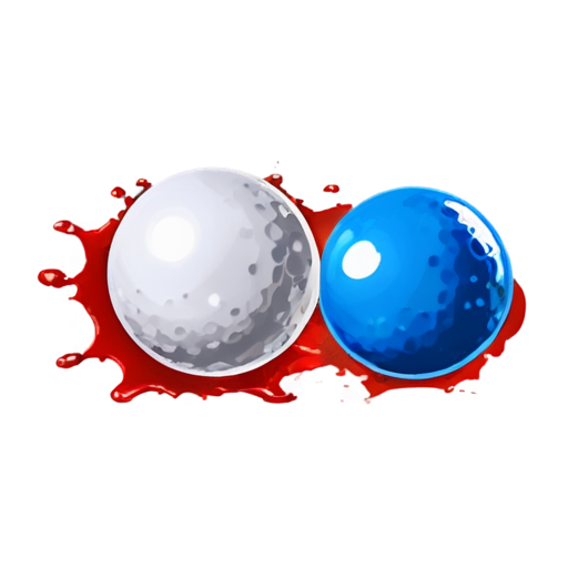 Flat blue background. On foreground two balls splash each other. One ball dark blue. Second ball red. Under each ball lay trail - icon | sticker