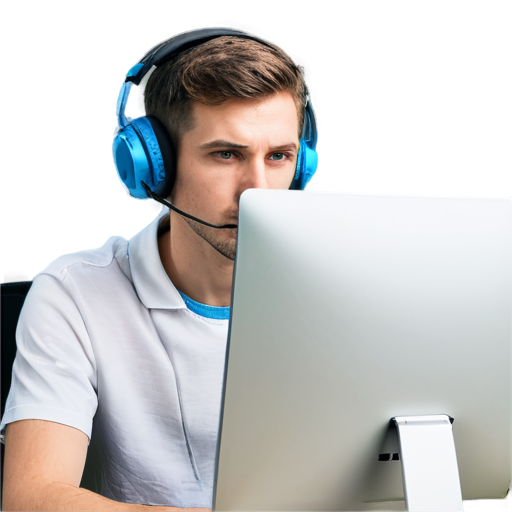 A determined-looking person wearing a headset, intently focused on a computer screen. The background could be a montage of different game development stages. - icon | sticker