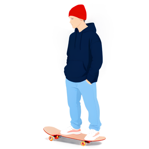 street boy on the skateboard blue wide-leg jeans red beanie hat oversized hoodie in a youth style - icon | sticker