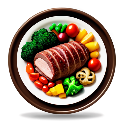 Create an icon in the Pixar stylе of a beautiful decorative porcelain plate with a rolled roast meat and colorful vegetables. The meat should look juicy and perfectly cooked with a golden-brown crust. The vegetables, such as roasted carrots, broccoli, bell peppers, and potatoes, should be neatly arranged around the meat roll. The icon should have a realistic yet slightly stylized touch, with vivid and natural colors, soft shadows, and highlights to create a three-dimensional effect. The background should be light and neutral, with a possible light gradient or subtle texture to add depth. - icon | sticker
