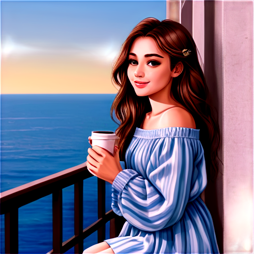 Art furry girl in Ukrainian style with beautiful hair sitting on the balcony and looking at the sea and holding a cup of coffee. The background should be the sea. Modern style with an emphasis on the details of clothing, hair and environment. - icon | sticker