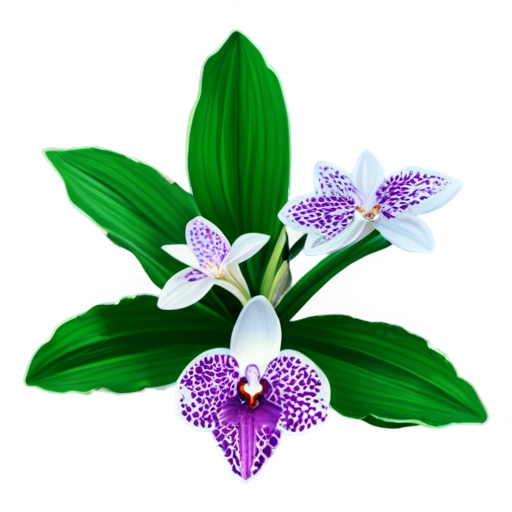 Epic full-body illustration of an orchid, with intricate purple and white petals, detailed texture, lush green leaves, exotic tropical background, high-definition, realistic style. - icon | sticker