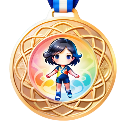 Epic full-body illustration of a gold Olympic medal from Paris, with intricate patterns and the Olympic rings prominently displayed, shiny and reflective, surrounded by a dynamic and vibrant background representing the spirit of the Olympics, high-definition, realistic style. - icon | sticker