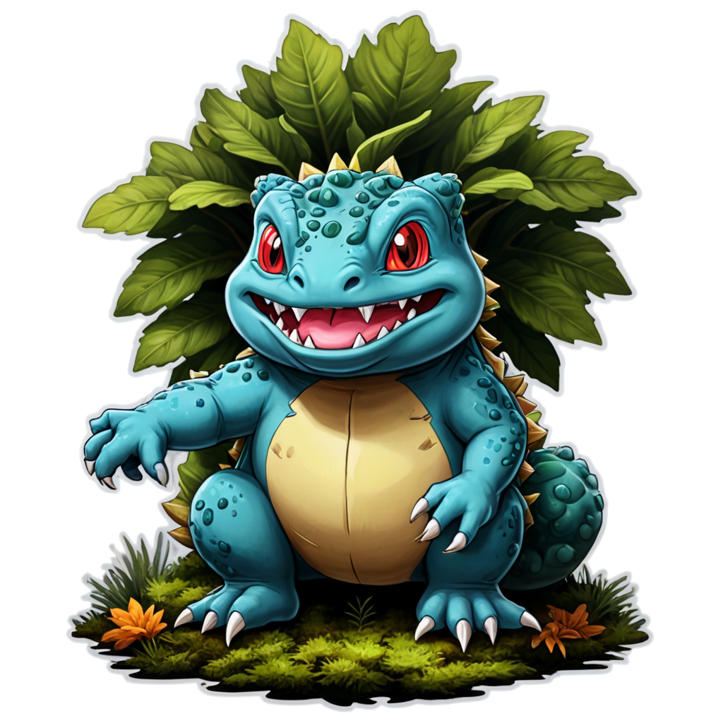 A realistic venusaur animal among the trees, forest lake, moss, cold weather, dark teal and amber, - icon | sticker