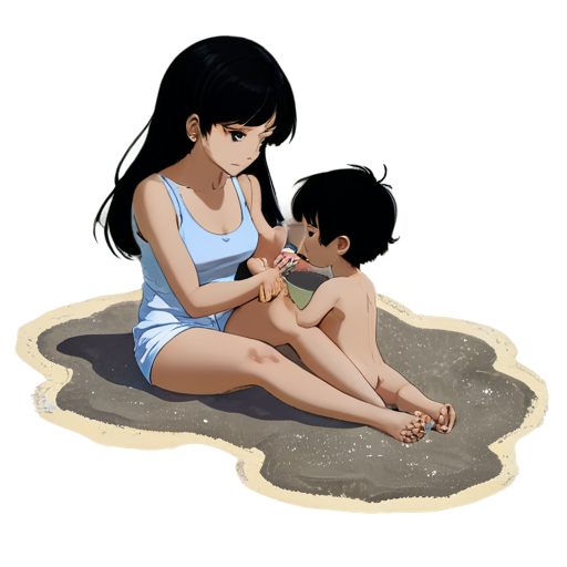 lying on the sand with her back up, heat, white sand, feeding her baby with her salt, in anime style, 2d anime character, white European appearance, young, day, girl, beautiful, dark-haired, curved, slender, pretty, young, without shoes, on the see - icon | sticker