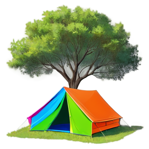 Image in geometry style, linear drawing. Colors, olive, orange, pink, blue. Image of a tree, a tent, a forest. - icon | sticker