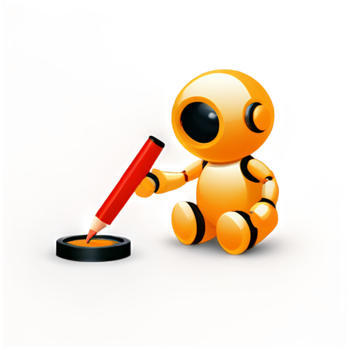 A simple robot, painted in orange and black, front and upper body, wearing a magnifying glass, squatting on the ground and marking its position with a red pen. - icon | sticker