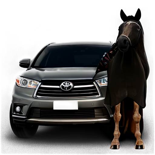 Toyota Highlander at night, a woman wearing black stockings and a horse head cover stands in front of the car, leaning against the front of the car and smoking - icon | sticker