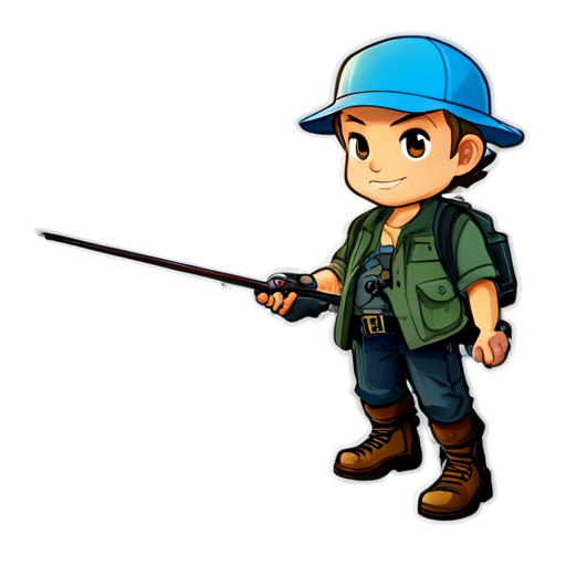 A fisherman with a fishing rod and a gun lying next to the background of the lake - icon | sticker