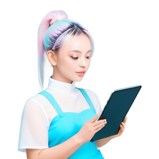 a young graphic designer girl with blonde hair pulled back in a high ponytail, holding a tablet in her hands and talking on the phone, rubs in delicate pastel colors - icon | sticker