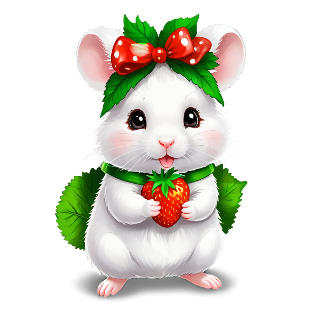 a cute little white hamster, animal focus, ribbon bow on head, fluffy, outdoors, among plants, holding a strawberry,adorable kawaii, chibi, muxiaobai, kawaiilogos, - icon | sticker