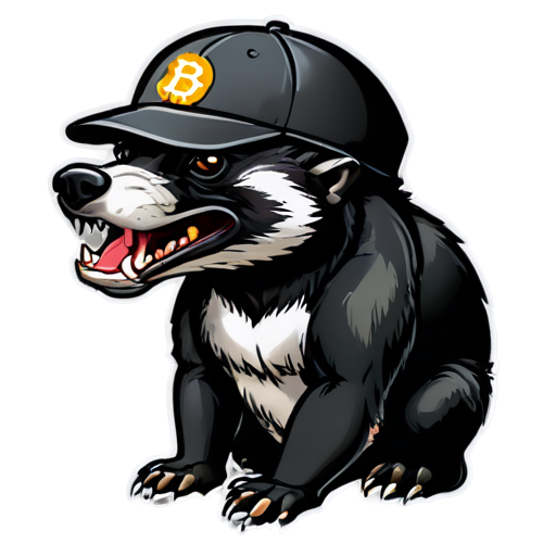 angry honey badger wearing a cap with a bitcoin badge, bold outline with a black outline - icon | sticker