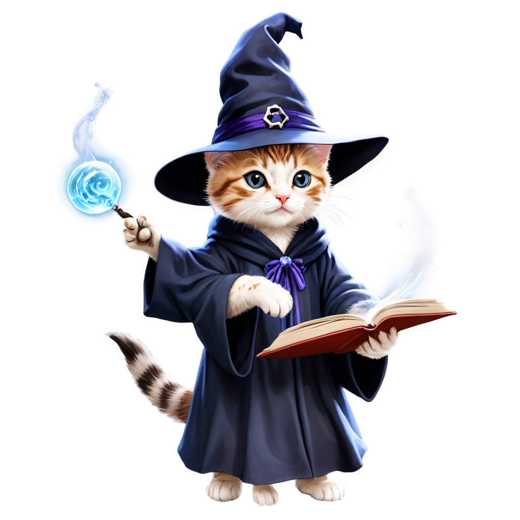 a cute kitten is casting spells to summon fish from a magic book. The kitten, perfectly rendered with accurate anatomy and incredible detail, is dressed in an adorable witch's robe and hat. The kitten is holding a magic book in one paw, from which fish are jumping into the air, surrounded by a flow of magical energy. The scene captures the whimsical and enchanting atmosphere, with the kitten's full body in view, exuding a kawaii charm, hyper-detailed, ultra-high-definition, magical world, cute kitten, accurate anatomy, witches robe, witches hat, magic book, spellcasting, fish in the air, energy flow, whimsical, enchanting, kawaii, adorable - icon | sticker