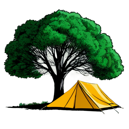 Image in the style of geometry, linear drawing. Color, black and white. Image of a tree, a tent, a forest. - icon | sticker