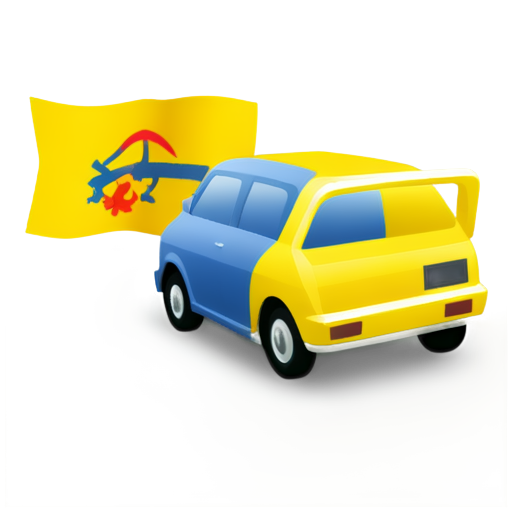 Logo for selling cars, in yellow and golden colors, a car on the logo and the flags of Korea, China and Europe - icon | sticker