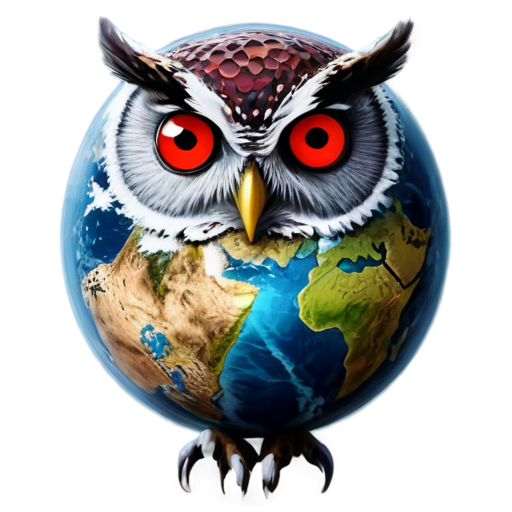 digital owl with red eyes holding the earth - icon | sticker