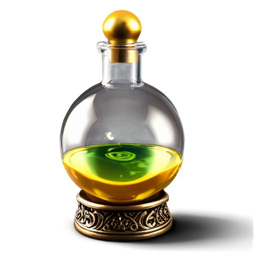 glass ball with Illustration of a vial of Felix Felicis, the golden liquid swirling inside a small glass bottle, encased within a clear glass orb. The vial is elegant and slightly glowing, with the liquid inside shimmering as it catches the light. The glass orb is transparent, showcasing the intricate details of the vial and the mesmerizing liquid. The background is neutral, focusing on the magical nature of the potion and the smooth, reflective surface of the glass orb. High-definition, fantasy-style art - icon | sticker