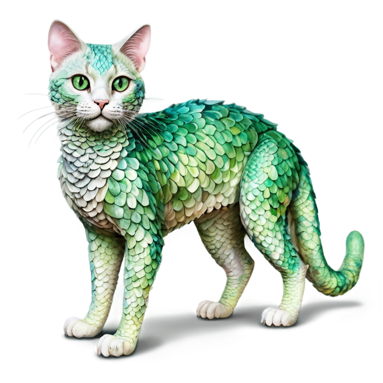 fantastical creature that resembles a cat with pastel iridescent scales covering its body and a long scaled tail, The scales exhibit a range of pastel colors, the creature has large expressive green eyes - icon | sticker