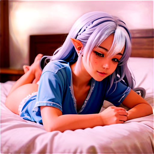 in anime style, day, girl, beautiful, silver-haired, pretty, young, without shoes, on the cosy room, lying on the bad with her back up,feeding with her salt, 2d anime character, white European appearance, young two anime-style characters in a calm and intimate setting. The character in the foreground has long, silver or light purple hair,2 ponytails, pointed elf-like ear. Her eyes are closed, and she appears relaxed. as detailed as possible, wet and dripping in a cozy, dimly lit room. There's a gentle and caring atmosphere between the two characters, - icon | sticker