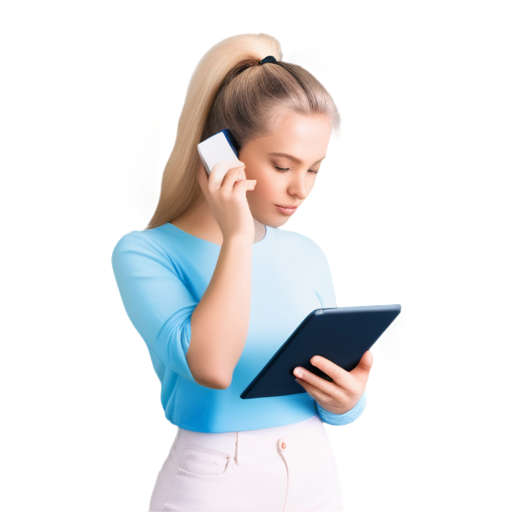 a young graphic designer girl with blonde hair pulled back in a high ponytail, holding a tablet in her hands and talking on the phone, rubs in delicate pastel colors - icon | sticker