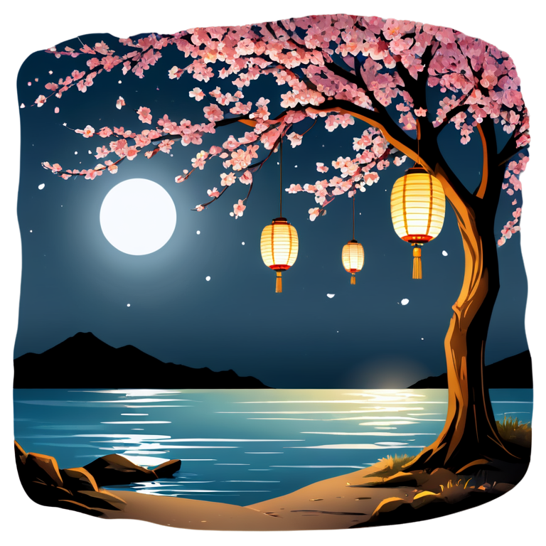 calligraphyinkstyle, Asian wishing lanterns in the night sky, cherry blossom trees, a beach by the sea, volumetric lighting, night time, moonlight rfelected in the water, black background, peacful atmosphere - icon | sticker