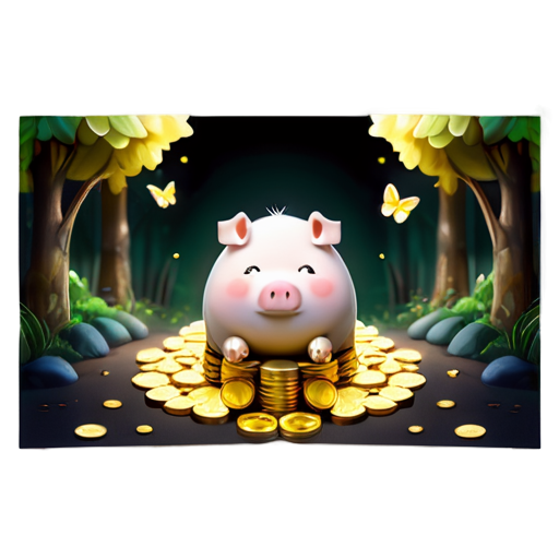 Filthy rich hog is fat and cashed up, sitting in a forest, stacks of gold coins in front of him, a lot of vegetation, butterflies, dandelions ang golden light around, portrait, close up, realistic - icon | sticker