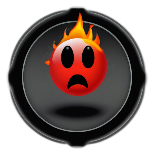 Minimalistic emoticon, Emoji black on red, Emoji on fire, scared emoticon, round thick black frame, fine details - icon | sticker