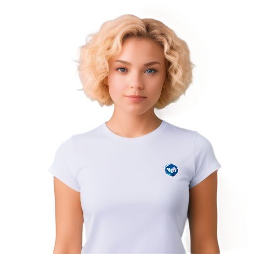 logo for a promts generator in blue sircle Anime, girl, tiny, slim, young, pretty. curly blond hair, not a standard angle, white t-shirt oversize, face - icon | sticker