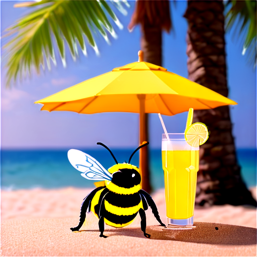 A bumblebee sunbathes under a beach umbrella with a cocktail glass with a straw in her paw against the background of two palm trees. - icon | sticker