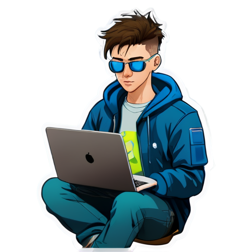 Cyberpunk young man with laptop - icon | sticker