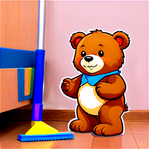 **8-digit bear plush toy depicting a bear holding a cleaning broom in its paws against the background of a 90s-style children's room -Image 7:5 -s 333** - icon | sticker