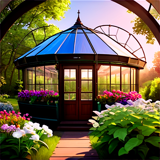 Please create an image of a glass ferris wheel cabin transformed into a greenhouse filled with flowers and plants, illuminated by warm sunlight, with a camera angle from inside the cabin highlighting the rich detail and high resolution - icon | sticker