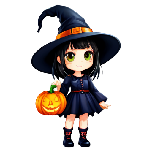 Halloween. A cute little witch with a pumpkin. Chibi. - icon | sticker