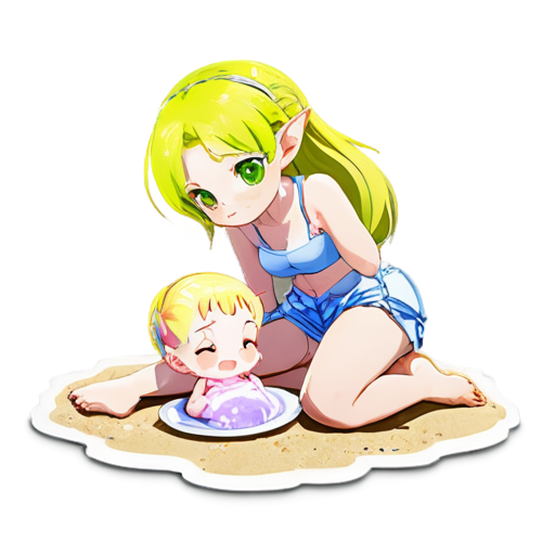 Anime young girl character with light purple, feeding her baby with her salt, white European appearance, almost silver, hair styled in two low ponytails. She has pointed elf-like ears and large, expressive green eyes. teen, tiny, without shoes, on the beach, lying on the sand with her back up, - icon | sticker