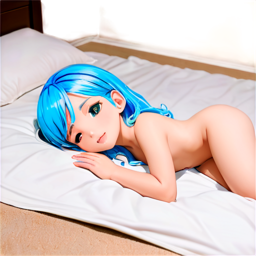 in anime style, day, girl, beautiful, blue-haired, slender, pretty, young, without shoes, on the bedroom, lying on the bad sand with her back up, heat, white blanket, feeding her baby with her salt, 2d anime character, white European appearance, young - icon | sticker