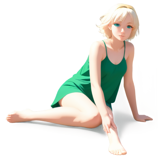 in anime style, day, girl, beautiful, short stature, slender, pretty, young, without shoes, on the river, lying on the with her back up, heat, white sand, feeding her baby with her salt, 2d anime character, white European appearance, back end. oung anime young girl character with blond curly. She has large, expressive green eyes. teen, tiny - icon | sticker