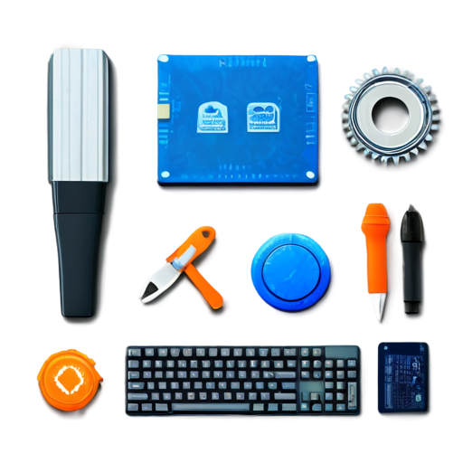 Create an icon that is divided into two equal sections. In the center, display the bold, orange inscription "Engineering". On the left side, showcase various tools used by electronics engineers, such as circuit boards, resistors, and soldering irons. On the right side, illustrate computer tools, including a keyboard, mouse, and software icons. Make sure the overall style is clean and professional, suitable for use in a technical context. - icon | sticker