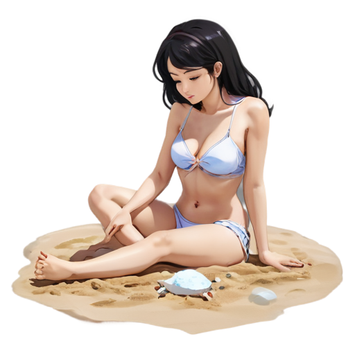 lying on the sand with her back up, heat, white sand, feeding her baby with her salt, in anime style, 2d anime character, white European appearance, young, day, girl, beautiful, dark-haired, curved, slender, pretty, young, without shoes, on the see - icon | sticker